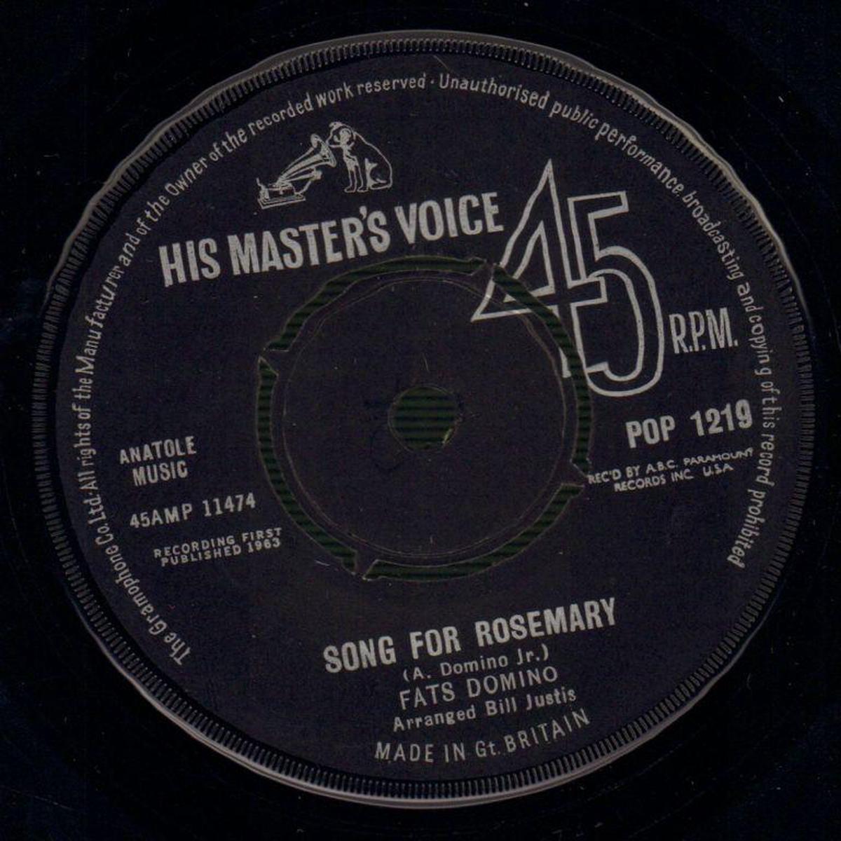 Song For Rosemary/ Red Sails In The Sunset-HMV-7  Vinyl-Ex/VG+